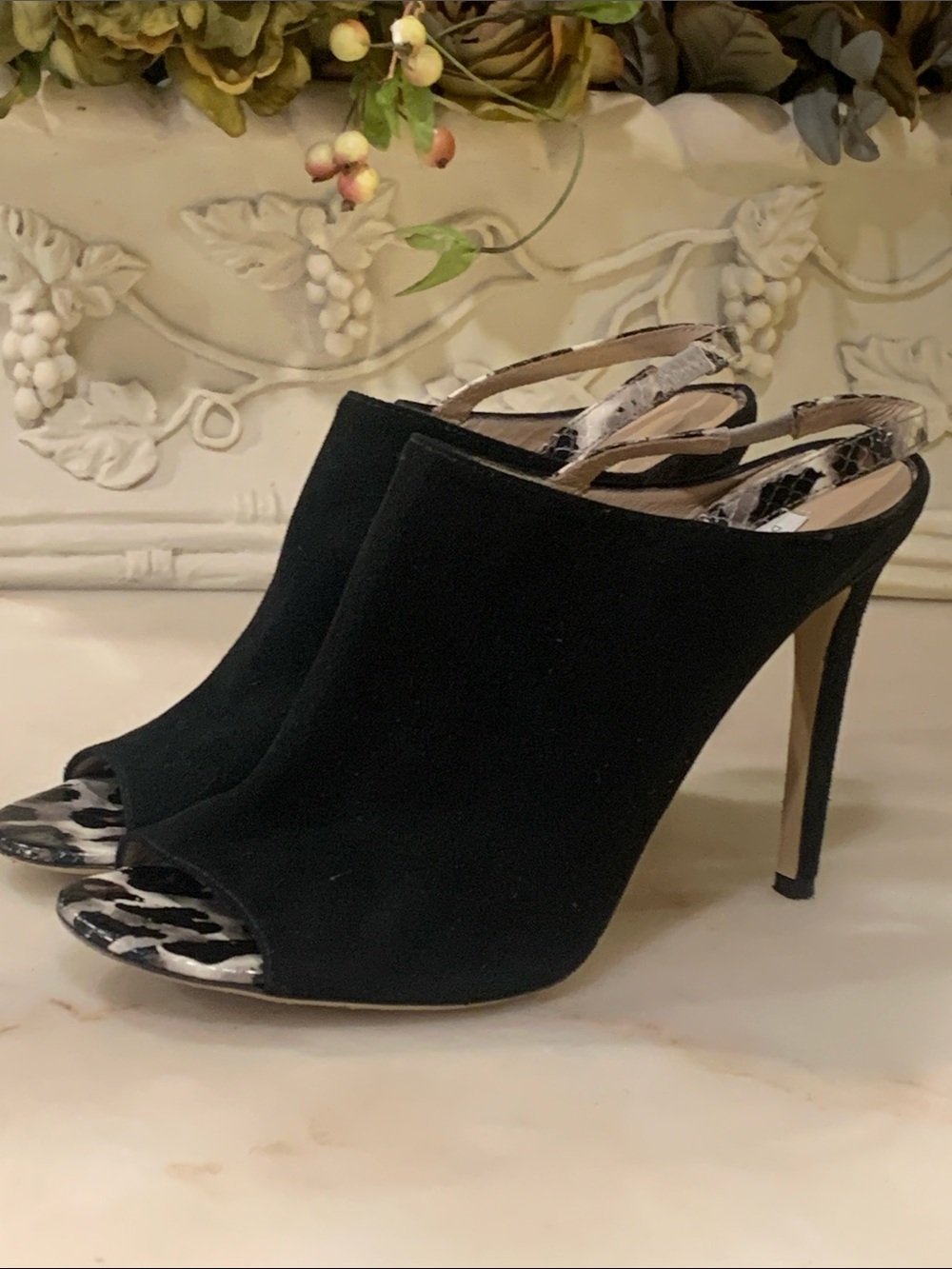 Diane von Furstenberg black suede and snakeskin-print peep-toe slingback heels
